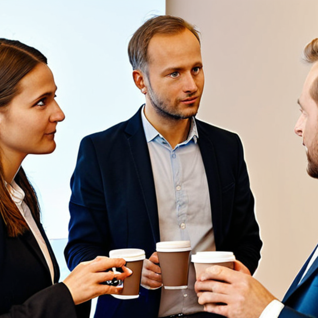 **A networking event in Stockholm, Sweden, focused on Intellectual Property Law. Professionals are engaged in conversation over coffee, exchanging business cards, with displays showcasing innovation and legal expertise. The atmosphere is collaborative and forward-thinking.**