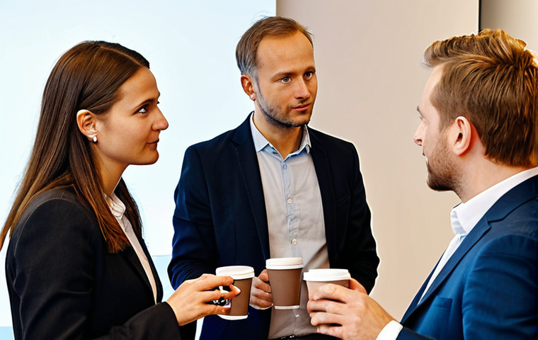 **A networking event in Stockholm, Sweden, focused on Intellectual Property Law. Professionals are engaged in conversation over coffee, exchanging business cards, with displays showcasing innovation and legal expertise. The atmosphere is collaborative and forward-thinking.**